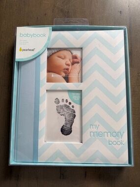 Pearhead Baby Memory Book Blue Chevron Guided Album Clean-Touch Ink Pad
